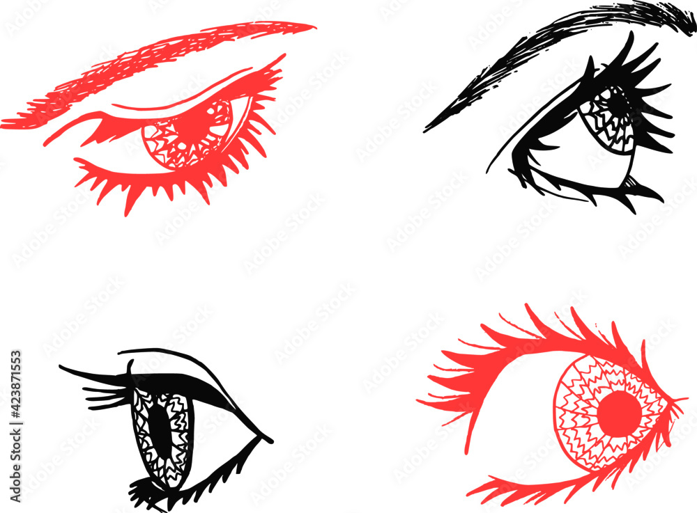 Set of 4 feminine eyes looking in different directions. Full lashes. Eyebrows. Eyelashes. Ink. Handmade isolated vector element.