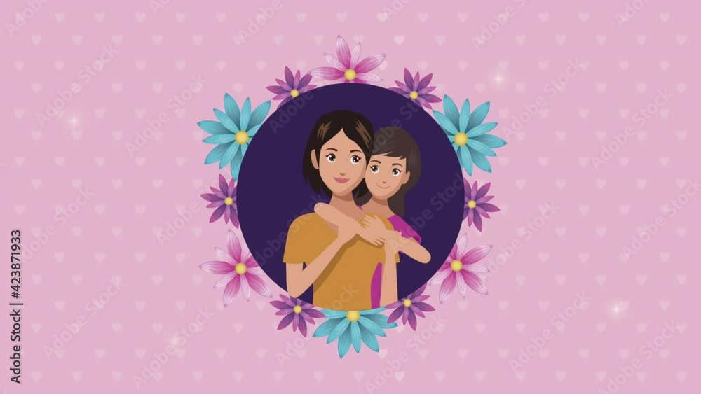 happy mothers day card with mom and daughter in flowers happy mothers day card with mom and daughter in flowers