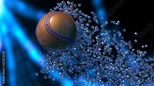 Orange-purple Baseball with diamond particles under blue flare lighting. 3D illustration. 3D CG. 3D high quality rendering.