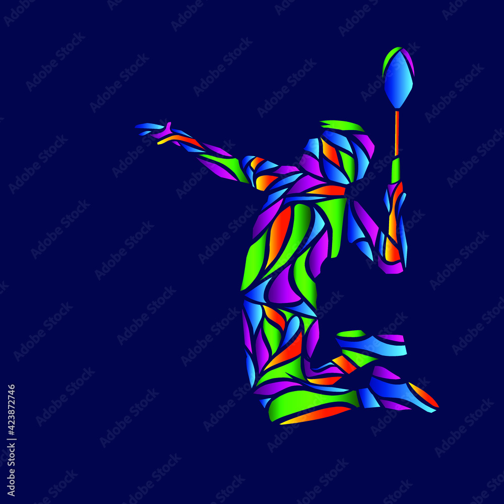 Badminton man smash shot vector silhouette line pop art potrait logo colorful design with dark background. Abstract vector illustration.