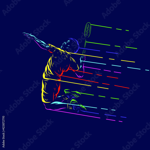 Badminton man smash shot vector silhouette line pop art potrait logo colorful design with dark background. Abstract vector illustration.