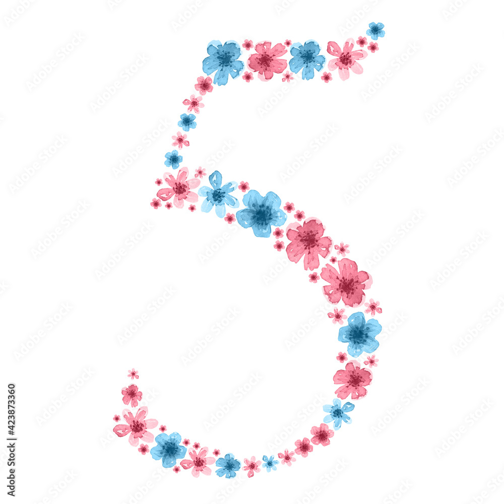 Watercolor number 5 from blue and pink flowers. Suitable for postcards, decorations, banners, posters, etc. Watercolor number 5 from blue and pink flowers. Suitable for postcards, decorations, banners, posters, etc.