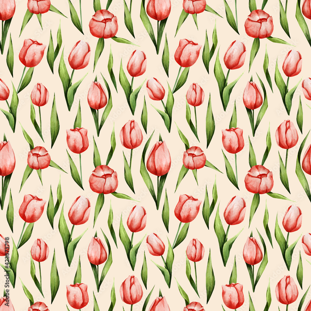 Watercolor pattern with spring flowers. Red tulips on a beige background. Seamless texture for decor, fabric, textile, paper, etc