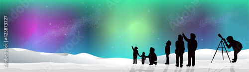 BANNER Aurora Northern Lights with Snow at Night silhouette people looking at stars