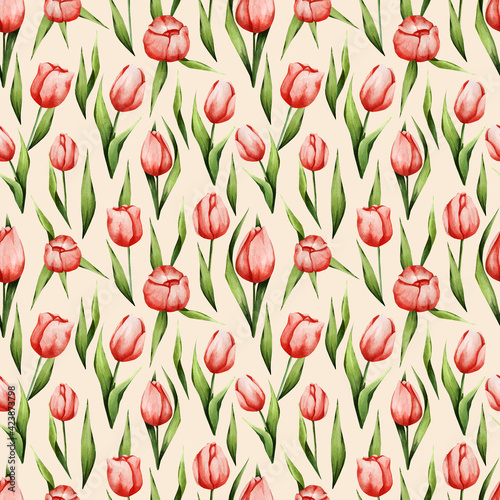 Watercolor pattern with spring flowers. Red tulips on a beige background. Seamless texture for decor  fabric  textile  paper  etc