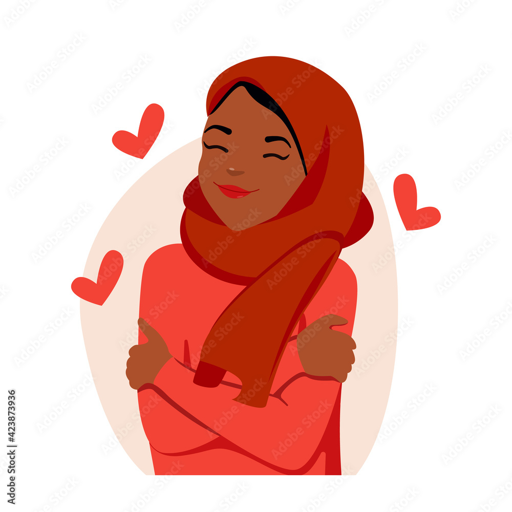 Self love concept, woman hugging herself. Love yourself. Love your body concept. Girl Healthcare Skincare. Take time for your self. Arab, Asian Woman. Woman hugging herself with hearts.Multi-ethnic Self love concept, woman hugging herself. Love yourself. Love your body concept. Girl Healthcare Skincare. Take time for your self. Arab, Asian Woman. Woman hugging herself with hearts.Multi-ethnic