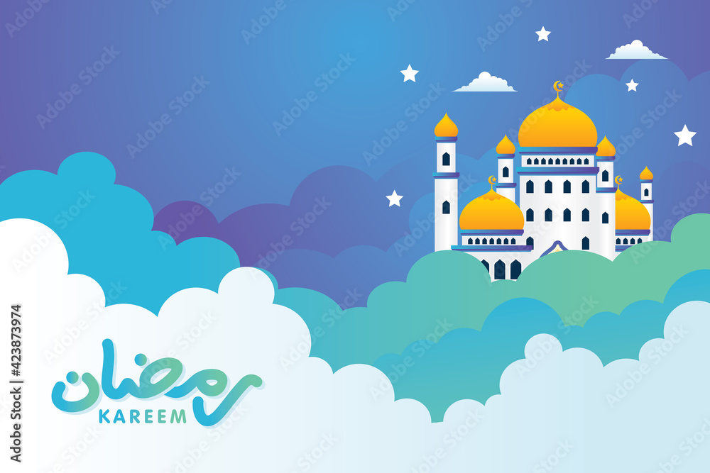 Ramadan Mubarak With islamic mosque on the cloud vector background
