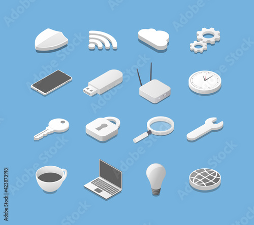Internet technology isometric Icon set. Design elements kit. Vector illustration.