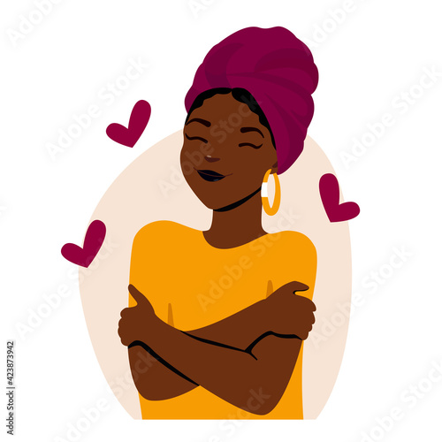 Self love concept, woman hugging herself. Love yourself. Love your body concept. Girl Healthcare Skincare. Take time for your self. African, American Woman hugging herself with hearts.Multi-ethnic