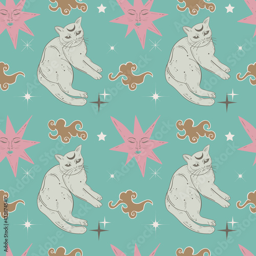 Bohemian art style seamless pattern with sky and cats. Cute space background.