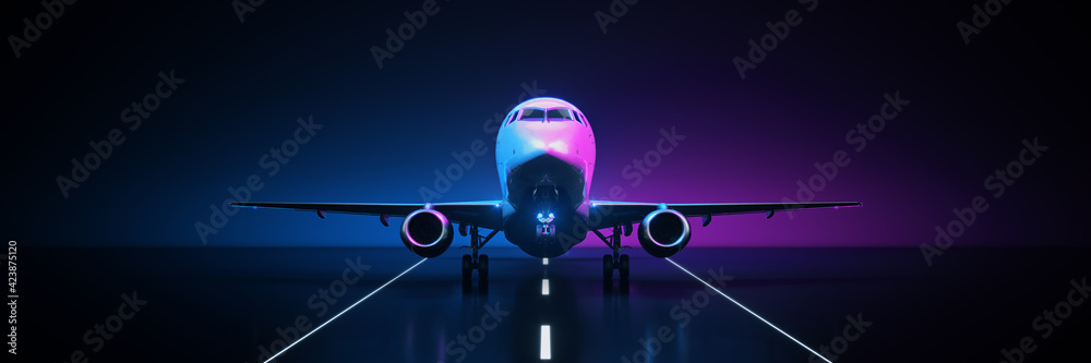 Airline travel on black background. 3d rendering	 - obrazy, fototapety, plakaty 
