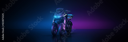 Motorcycle  studio setup on a dark background. 3d rendering 