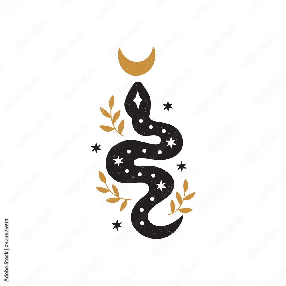 Mystical floral snake. Black celestial animal vector illustration. Hand drawn esoteric concept with crescent moon, gold brunch, stars. Boho modern poster, card, magical t-shirt print. Simple feminine Mystical floral snake. Black celestial animal vector illustration. Hand drawn esoteric concept with crescent moon, gold brunch, stars. Boho modern poster, card, magical t-shirt print. Simple feminine