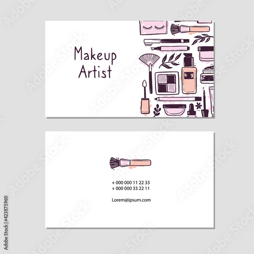 Visit card with makeup beauty cosmetic elements, mascara, cream bottle, polish, skin brush. Doodle sketch style. Illustration for makeup, beauty artist, cosmetic store business card design template.