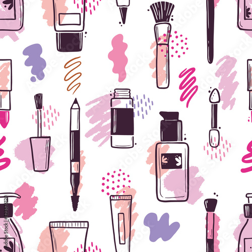 Hand drawn seamless pattern of makeup beauty cosmetic elements, mascara, cream bottle, nail product, brush. Doodle sketch style. Makeup element illustration for wallpaper, background, textile.