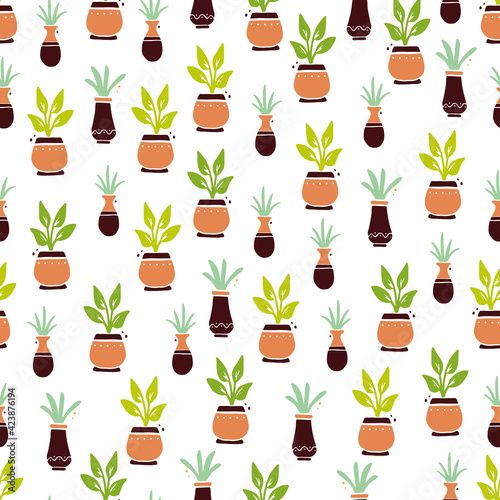Seamless pattern of cute cartoon house plant with leaf and pot. Simple trendy flat style. Concept of home garden, interior floral decoration. Illustration for wallpaper, background, textile design.