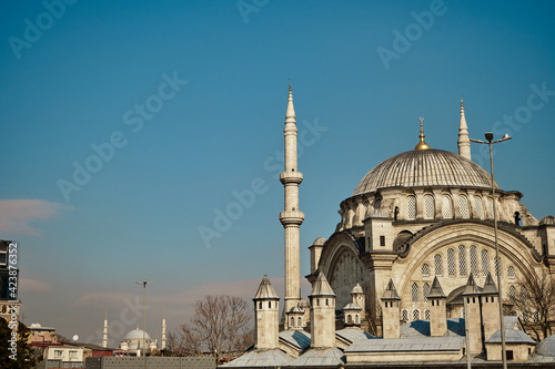 Turkey istanbul 03.03.2021. Istanbul a mosque in beyazit way istanbul nuruosmaniye mosque with other huge mosque background during sunny day.