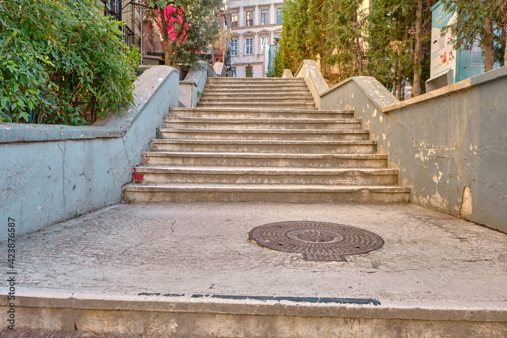 04.03.2021. istanbul Turkey. istanbul galata district colorful stairs and cute cafes near the ladders early in the morning.