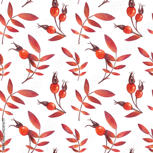 Seamless pattern with berries and leaves of rosehip. Watercolor illustration. The print is used for Wallpaper design, fabric, textile, packaging.