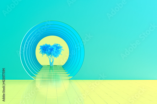 Minimal postel abstract background and mock up for the presentation and exhibitions of products. Round arches in the blue walls in perspective and a of the corridor arches. 3d illustration photo