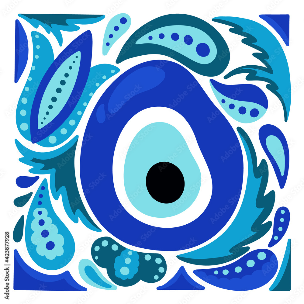 Nazar Boncuk hand drawn illustration. Square cartoon poster of Turkey  amulet against evil eye. Blue pattern for t shirt or bag print, cover  design. Flat isolated vector on white background Stock Vector
