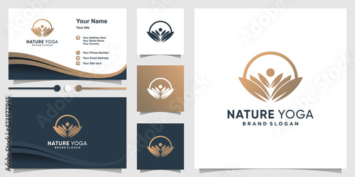 Nature yoga logo with lotus concept and business card design Premium Vector