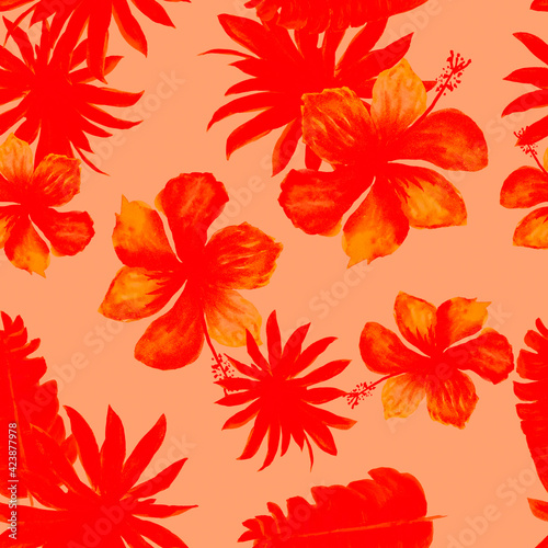 Scarlet Seamless Palm. Ruby Pattern Art. Coral Tropical Vintage. Red Flower Leaves. Pink Spring Texture. Banana Leaves. Floral Illustration. Watercolor Painting.