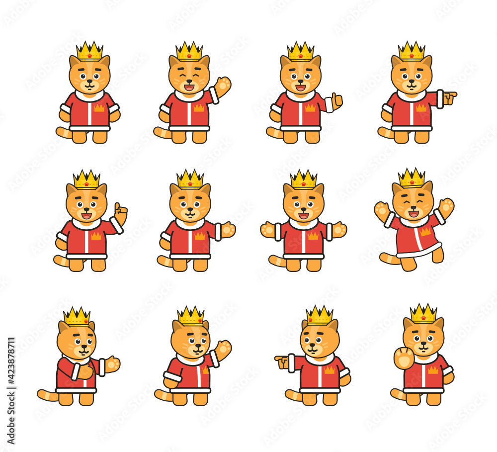 Yellow cat king characters set showing various hand gestures. Modern vector illustration Yellow cat king characters set showing various hand gestures. Modern vector illustration