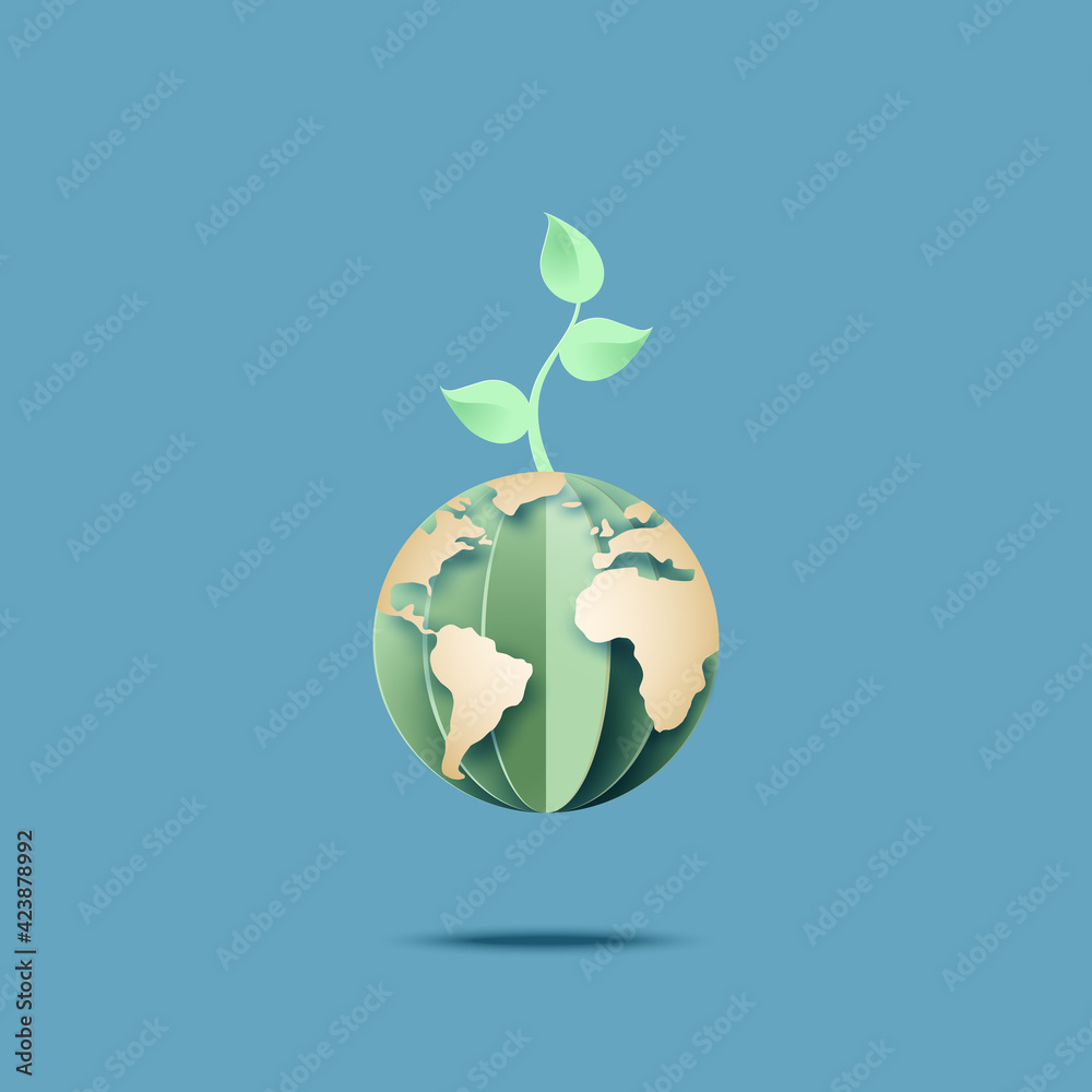 Earth day.Green earth concept with plant or seedling.Paper art of