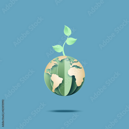 Earth day.Green earth concept with plant or seedling.Paper art of origami earth for ecology and environment concept.Vector illustratio