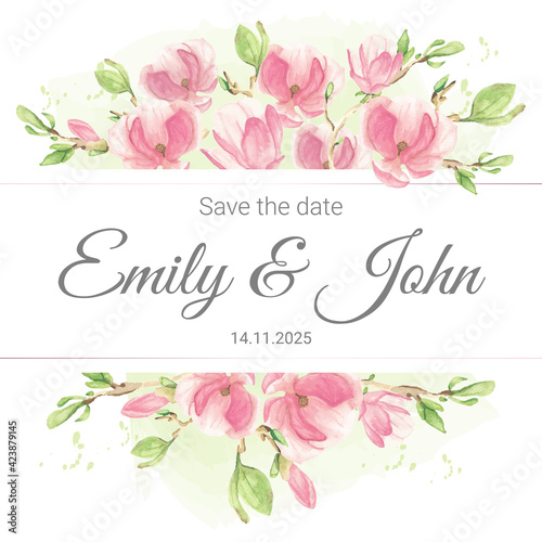 pink pastel watercolor Magnolia branch flower bouquet arrangement banner or wedding invitation card template background