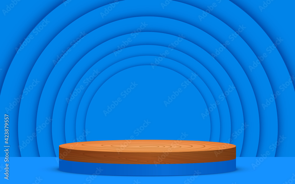 blue and wood podium with blue paper background in the studio room blue and wood podium with blue paper background in the studio room