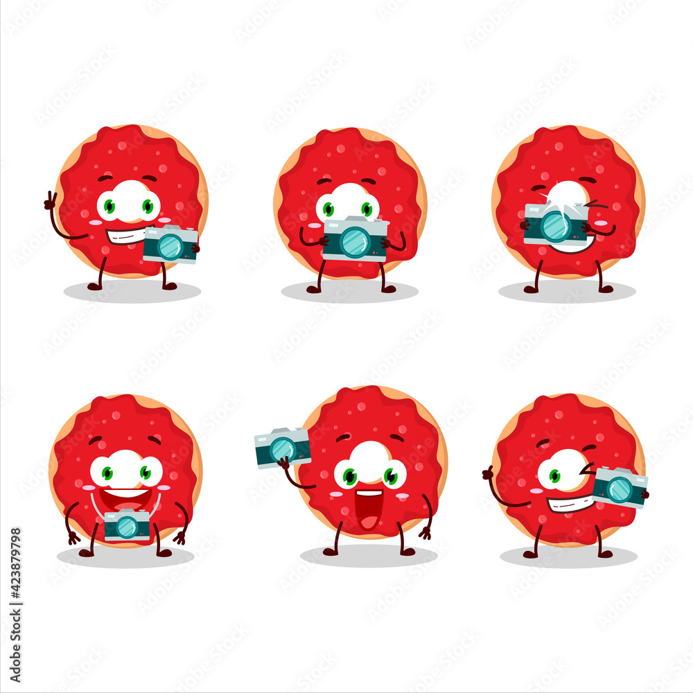 Photographer profession emoticon with raspberry donut cartoon character