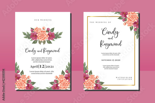 Wedding invitation frame set  floral watercolor hand drawn Dahlia Flower design Invitation Card Template