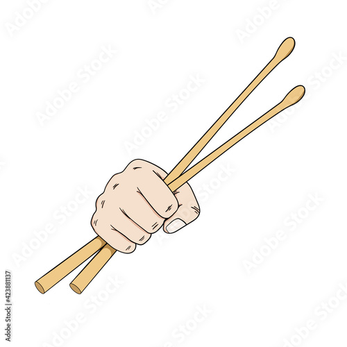 rock and roll music concept hand holding drumsticks isolated white background vector illustration