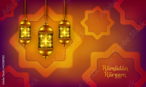 ramadan kareem text greeting background with 3d realistic lantern