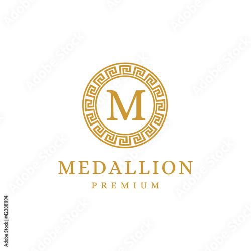 Initial Letter M Vector Logo Design with Ancient Greek Circle Border Frame