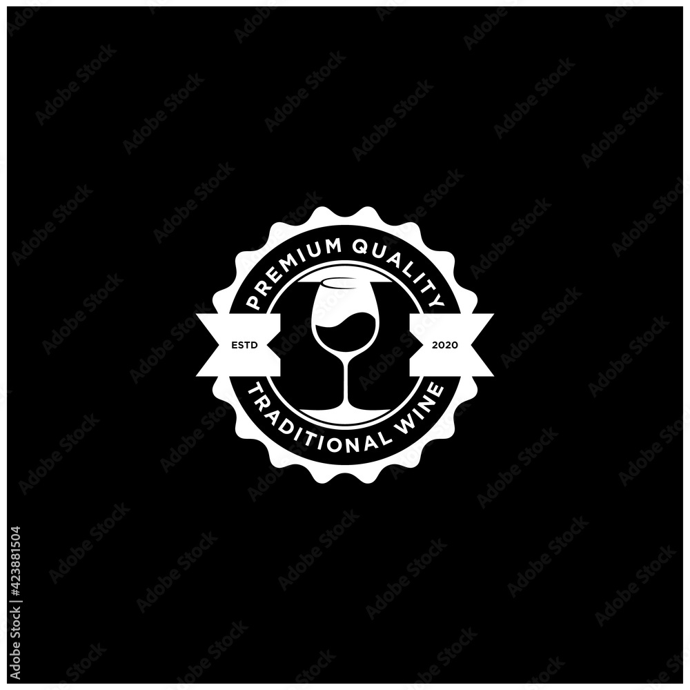 Vector Logo Stamp Label of Wine Shop with Image Glass of Wine on Black Background Vector Logo Stamp Label of Wine Shop with Image Glass of Wine on Black Background