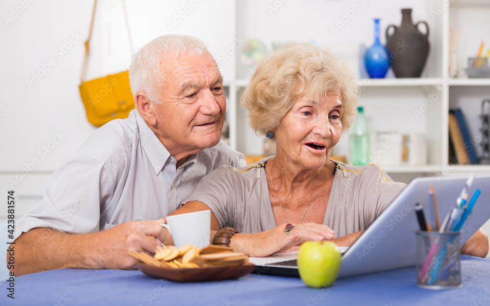Smiling senior couple funny spending time together, surfing net with laptop