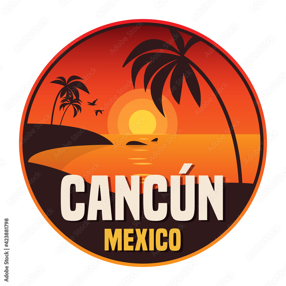 Stamp or label with the tropical island and words Cancun, Mexico