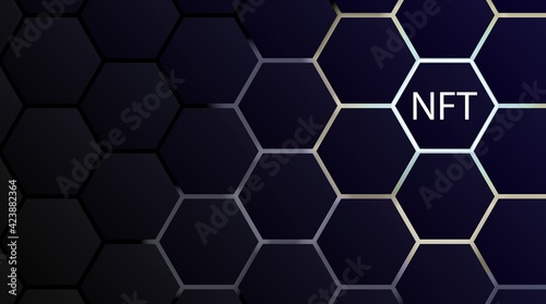 NFT non-fungible token concept on polygonal abstract background. Vector dark banner with hexagon shapes with lights on backdrop and white non fungible token sign. Modern crypto art concept.
