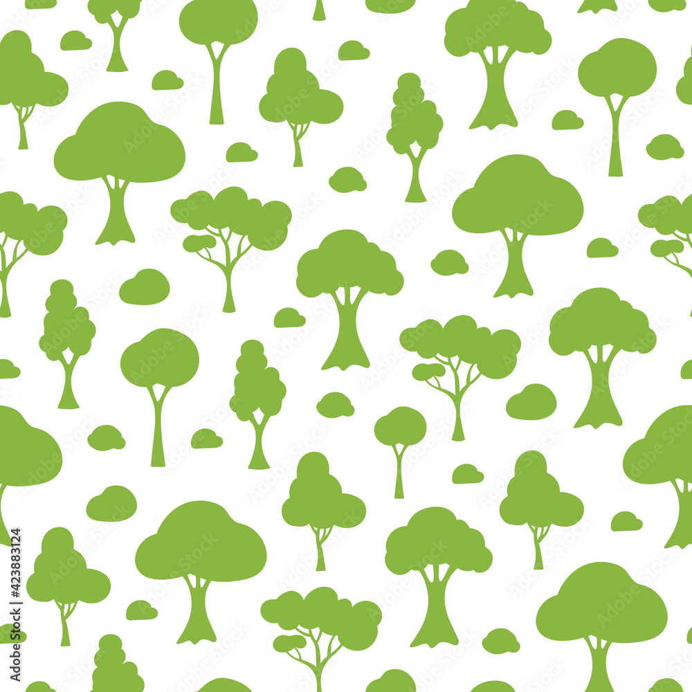 Vector seamless pattern with green silhouette cartoon trees on white background. Trendy simple design