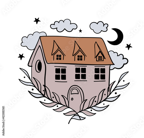Simple boho illustration, home sweet home, welcome. House icon with clouds in a frame of plant branches. Color flat illustration isolated on white background. Vintage design.