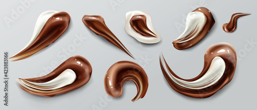 Chocolate strokes, brown white liquid smears, ganache sauce or syrup stains and melt smudges isolated on white background. Sweet food, dark choco traces design elements of realistic texture, 3d vector