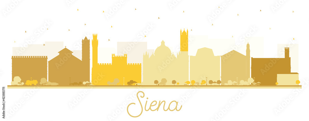 Siena Tuscany Italy City Skyline Silhouette with Golden Buildings Isolated on White.