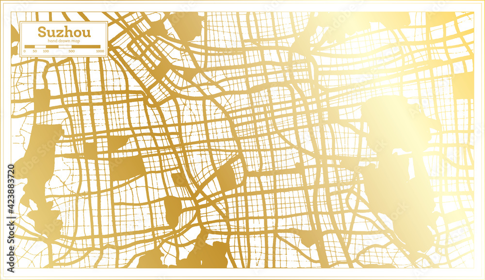 Suzhou China City Map in Retro Style in Golden Color. Outline Map.