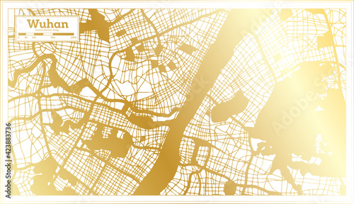 Wuhan China City Map in Retro Style in Golden Color. Outline Map.