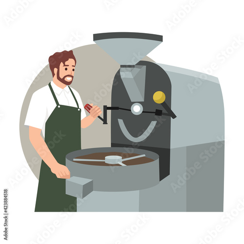 Process of roasting coffee beans in industrial roaster. Barista monitors operation of equipment. Bags with raw and finished product. Packaged coffee in paper bags on shelves. Flat cartoon vector