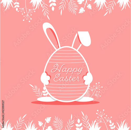 Happy Easter card. Hare with egg. Flat vector illustration. 