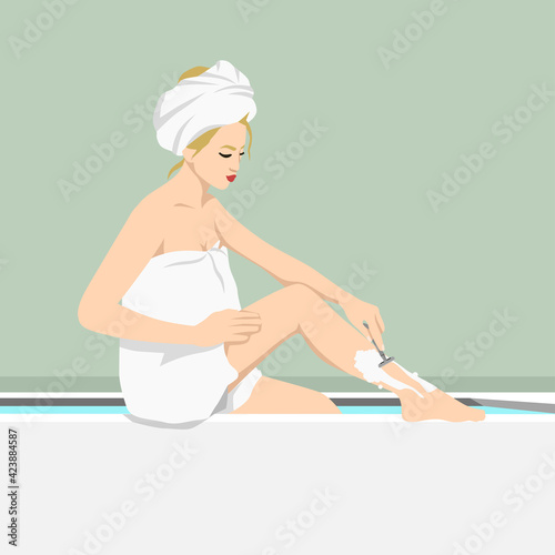 Beauty, skincare, depilation concept. Young cheerful woman in towel on body and head does depilation. Skincare makes people beautiful. Happy girl shaves legs in bathroom. Simple flat vector